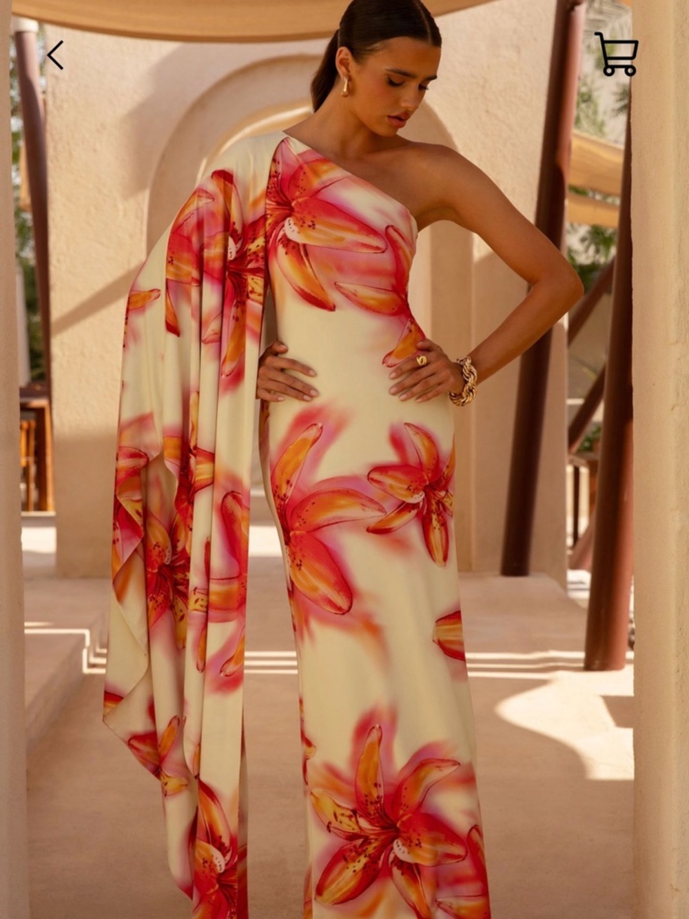 One-Shoulder Floral Maxi Dress in Cream with Pink-Orange Blooms